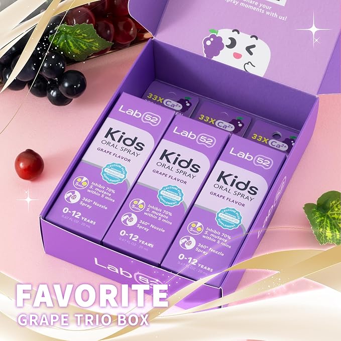 LAB52 Kids Oral Spray Gift Box, Toddler Toothpaste Helper for Daily Oral Care and Fresh Breath, Children Approved with Fluoride Free for Newborn to Preschoolers, Xylitol Grape Flavor (3 Packs)-Ruum Studio Home
