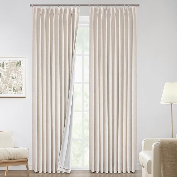 Vision Home Natural Pinch Pleated Full Blackout Curtains Linen Blended Room Darkening Window Curtains 120 inch for Living Room Bedroom Thermal Insulated Pinch Pleat Drapes with Hooks 60" Wx120 Lx1-Ruum Studio Home