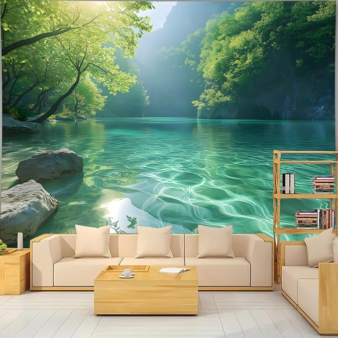 BSFHH Nature Tapestry Forest Tree Sea Cave Wall Hanging, Stream Through Rainforest Landscape Wall Art Tapestry for Bedroom Living room (Lake View, 110" × 87", Unframed)-Ruum Studio Home