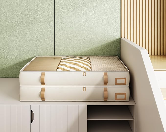 Vailando Under Bed Storage Containers, Foldable Storage Bins for Blankets, Comforter, and Seasonal Clothing, 6 Inches Tall, Beige with Brown Leather Handles, 2-Pack-Ruum Studio Home