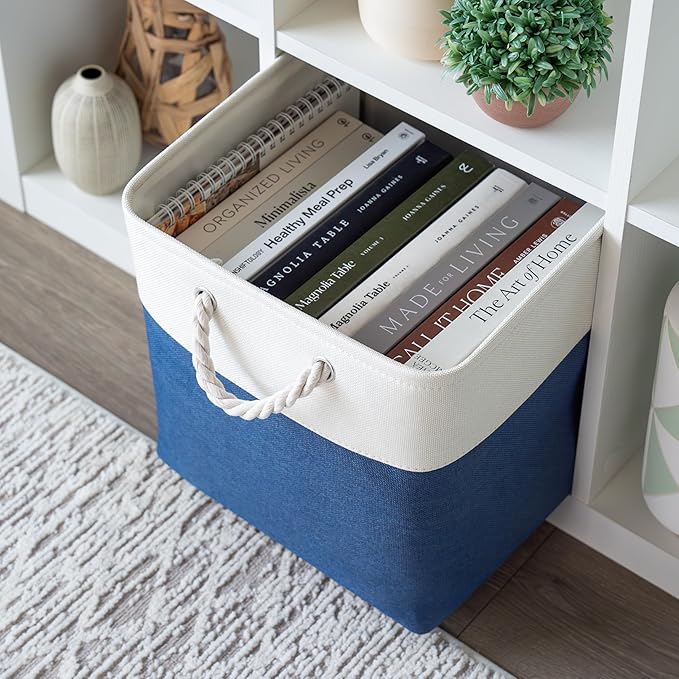 OrganiHaus 13x13 Cube Storage Bins 4 Pack, Foldable Cube Storage Organizer w/ Rope Handles, Collapsible Fabric Bins for Toys, Clothes & Closet Organization, Fabric Square Baskets - Navy Blue-Ruum Studio Home