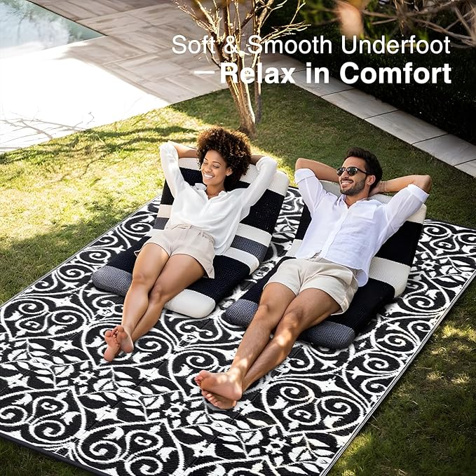 OLANLY Outdoor Rug Waterproof 8x10 ft Clearance, Reversible Outdoor Plastic Straw Rug with Floral Pattern, RV Mat for Patio, Camping, Balcony, Deck, Backyard, Black & White-Ruum Studio Home