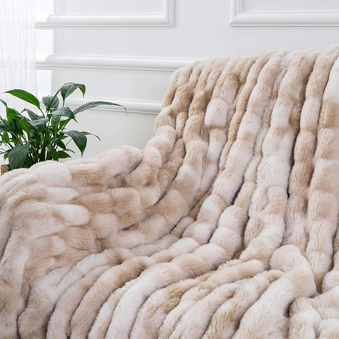 BATTILO HOME Ruched Luxury Faux Fur Throw Blanket Beige Tie-dye Rabbit Fur Blanket for Couch, Living Room, Fuzzy, Soft, Plush, Cozy, Elegant with Reversible Mink Blanket Beige, 60"x80"-Ruum Studio Home