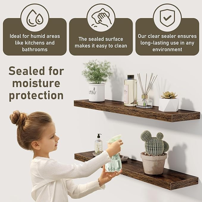 Fun Memories 55 Inch Floating Shelves for Wall 2 Pack Shelves for Bedroom|Kitchen|Bathroom 55 x 9.3 Inch Wood Floating Shelf with Invisible Brackets for Books|Storage|Decor, Rustic Brown-Ruum Studio Home