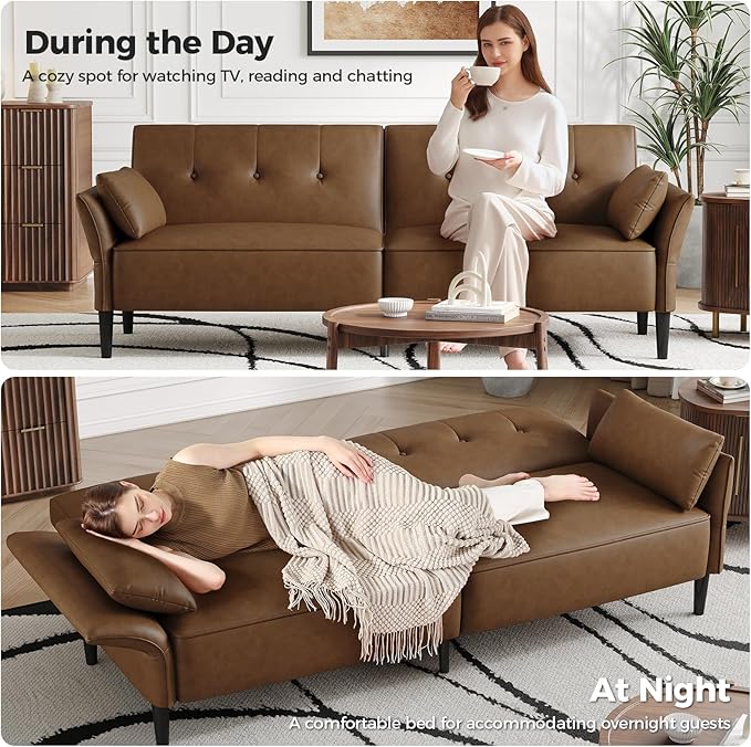 89” Futon Sofa Bed, Faux Leather Futon Couch Bed with 2 Square Pillows, Convertible Sleeper Sofa with Adjustable Backrest& Armrests, Modern Loveseat Sleeper for Living Room, Bedroom, Brown-Ruum Studio Home