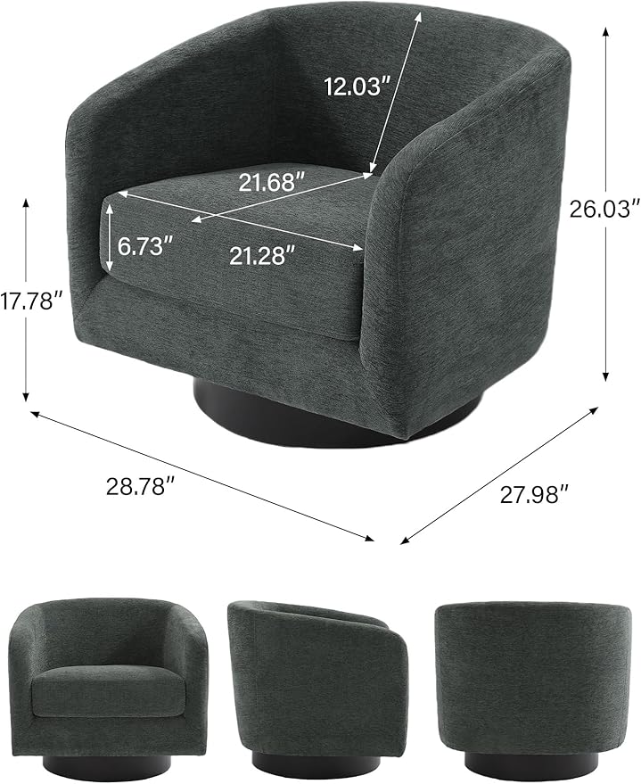 Swivel Barrel Accent Chair, Modern Round Chenille Fabric Arm Chair for Living Room, Bedroom, Comfy Club Reading Chairs for Adults（Chenille Fabric, Grey, Set of 2-Ruum Studio Home