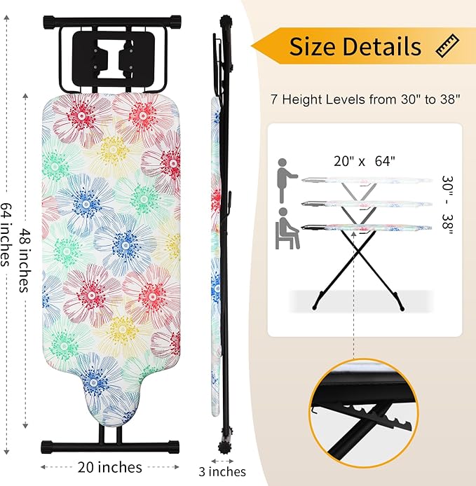 Extra Large Ironing Board with Hang Rail and Iron Rest 63" L x 20" W (Large with Iron Rest (Floral Cover))-Ruum Studio Home