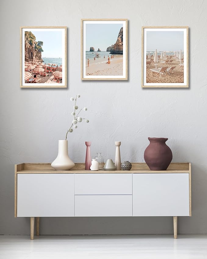 HesenDot Natural OAK Wood Framed Summer in Positano Wall Art,12x16in Italy Amalfi Coastal Canvas Wall Print,Arienzo Beach Umbrellas Poster Wall Decor for Living Room,Bedroom,Office Gallery Set of 1-Ruum Studio Home