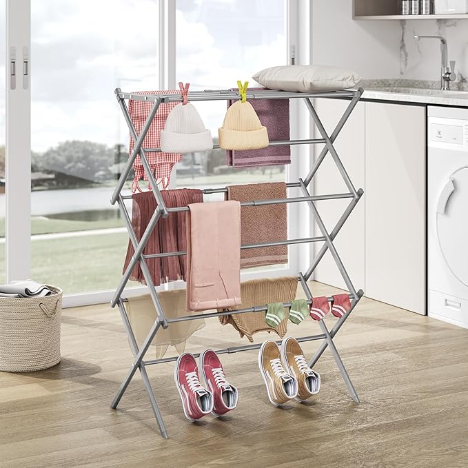 APEXCHASER Clothes Drying Rack, 3-Tier Laundry Drying Rack for Clothes, Expandable Metal Clothing Dryer, Collapsible Towel Rack, Air Drying Rack, Grey-Ruum Studio Home