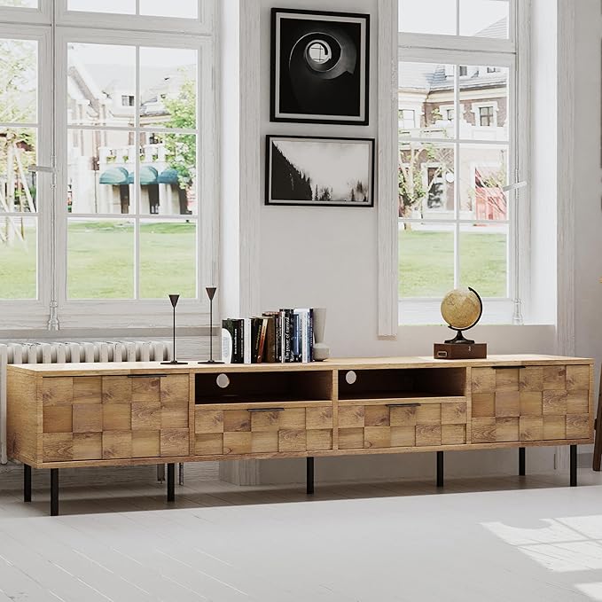Modern TV Stand for TVs up to 85", Mid-Century Media Console with Checkered Cabinet Doors, Storage Drawers & Open Shelves, Wood Entertainment Center with Metal Legs-Ruum Studio Home