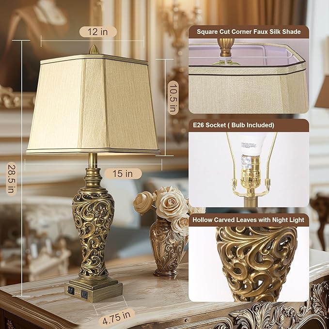 28.5'' Table Lamps Set of 2 for Living Room, Vintage Bedside Lamps with USB A+C Ports & Nightlight, Farmhouse Nightstand Lamps with Faux Silk Shade for Bedroom, Study Room, Office (LED Bulbs Included)-Ruum Studio Home
