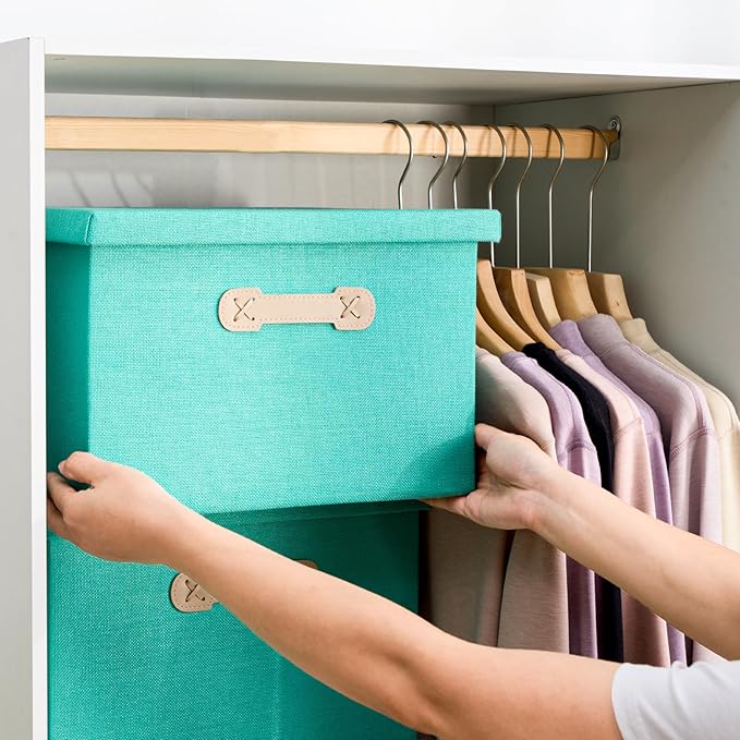 Enzk&Unity Decorative Storage Bins with Lids, Fabric Linen Foldable Storage Box with Handle Home Organizer for Shelf, Closet, Bedroom, Living Room, Office, 3 Packs, Teal-Ruum Studio Home