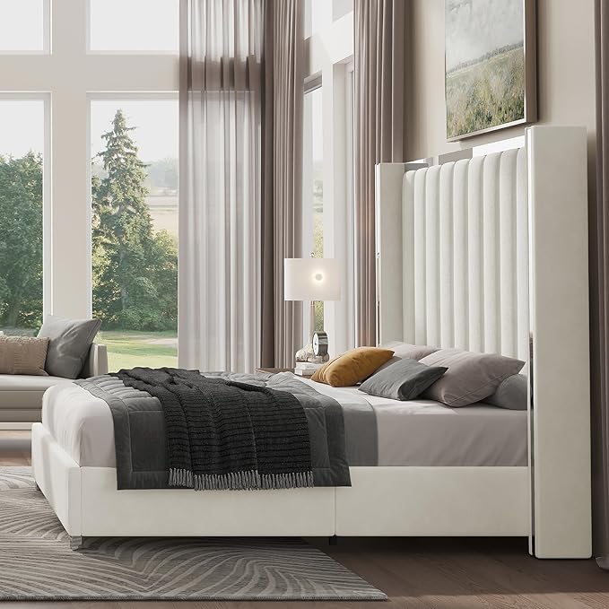 Jocisland Queen Size Bed Frame with 58" Tall Headboard, Platform Velvet Upholstered Bed with Channel Tufted Wingback Headboard and Plating Trim, No Box Spring Needed, White Cream-Ruum Studio Home