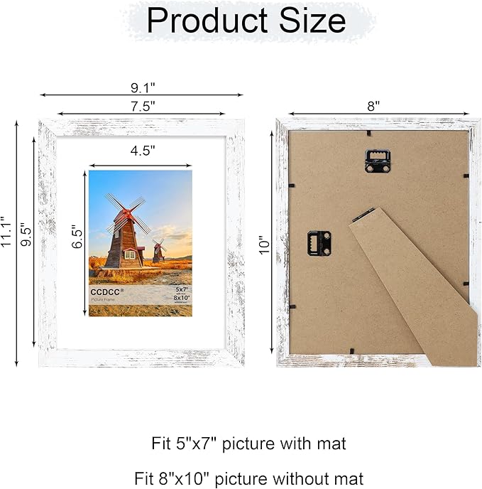 8x10 Picture Frame Set of 4, 8 x 10 Wood Photo Frames with Mat for 5x7, Rustic Natural Wooden Frame with Real Glass Cover for Wall and Tabletop Display,Distressed White-Ruum Studio Home