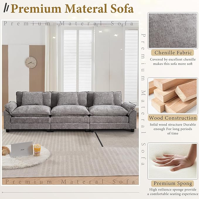 URRED Modular Sectional Sofa Comfy Cloud Couch, Modern Chenille Sofa Sleeper Deep Seat Couches with Ottoman/Pillows for Living Room (Gray, 117'')-Ruum Studio Home