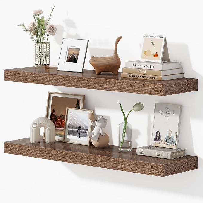 Dreamland 36 Inches Floating Shelves for Wall, 9.3" Deep Long Floating Shelves Set of 2, Large Display & Storage Shelf, Wall Shelf for Bathroom Bedroom Living Room Kitchen Office, Walnut-Ruum Studio Home