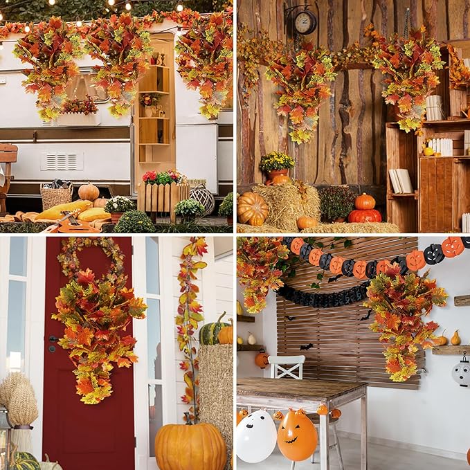 RECUTMS 2pcs Artificial Hanging Maple Leaves Plants Fake Fall Vines Plants Faux Autumn Hanging Fall Artificial Mums for Indoor Outdoor Thanksgiving Party Wedding Home Wall Door Decor(Green Yellow)-Ruum Studio Home