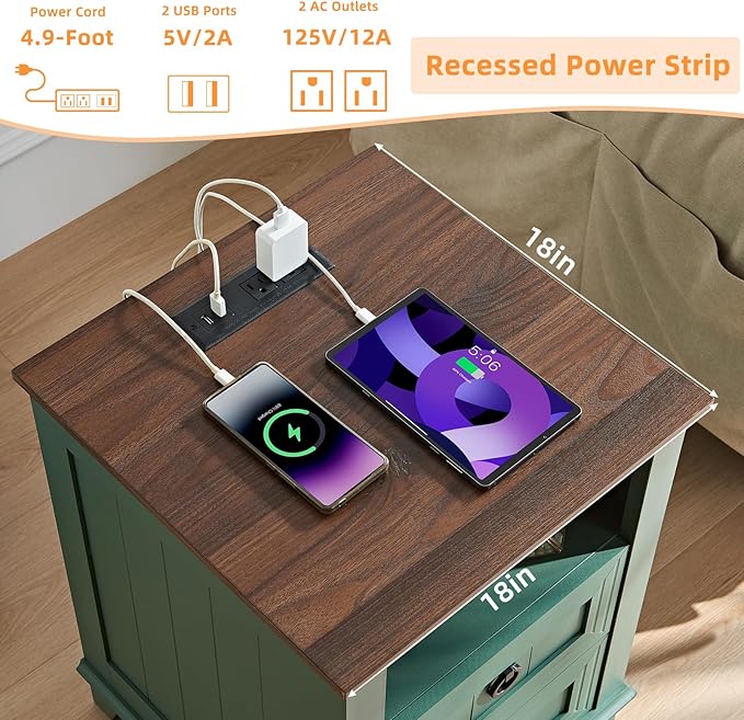 18" Farmhouse Night Stand with Charging Station, 2 Drawers Bedside End Table, Green Wooden Nightstand, Bed Side Table Cabinet with Open Shelf for Bedroom Living Room Office-Ruum Studio Home