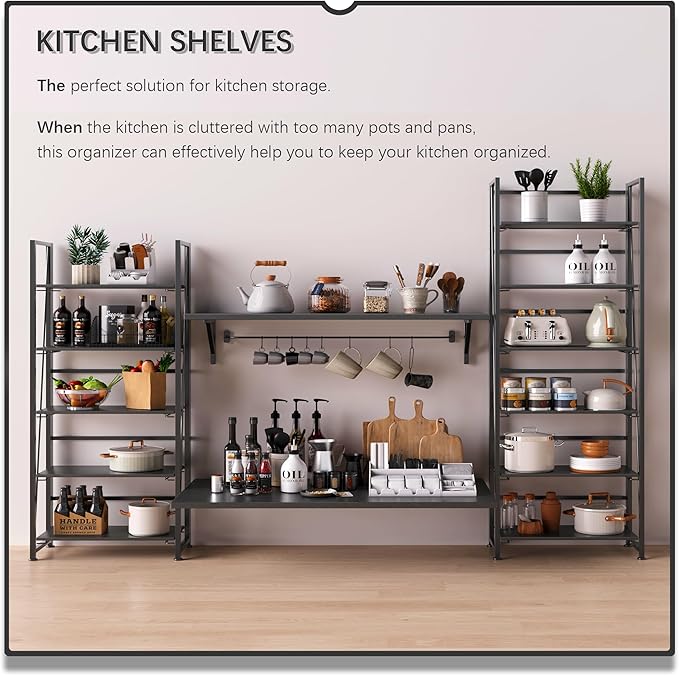 4NM No Assembly Foldable Bookshelf, 6-Shelf Collapsible Bookcase Storage for Small Spaces, 74" H, All Black-Ruum Studio Home