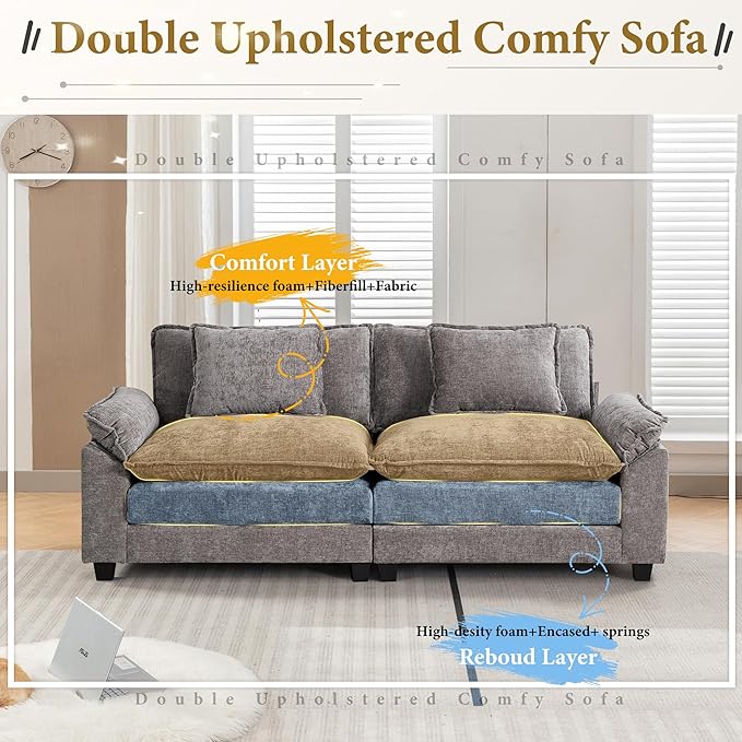 URRED Modular Sectional Sofa Comfy Cloud Couch, Modern Chenille Sofa Sleeper Deep Seat Couches with Ottoman/Pillows for Living Room (Gray, 82.6'')-Ruum Studio Home