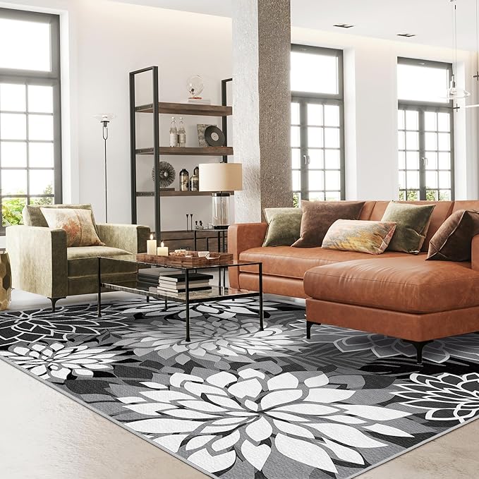 Indoor Outdoor Area Rug Washable Multicolored Rug Tropical Botanical Modern Floral Indoor Outdoor Carpet Black White Rug Non Slip Non Shedding for Patio, Deck, Backyard, Porch (5x8)-Ruum Studio Home