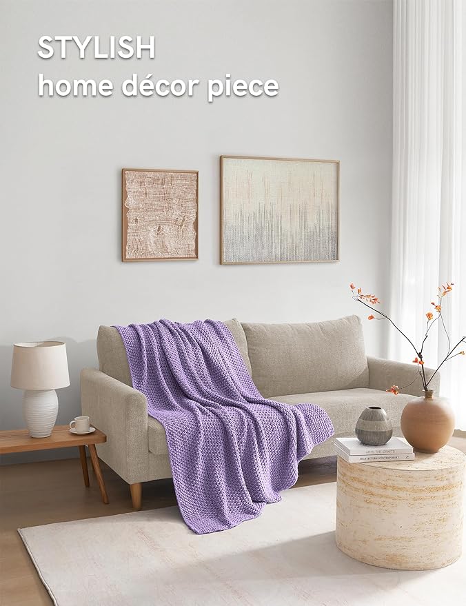 YnM Chunky Cotton Knit Throw Blanket, Cable Knit Throws for Bed Couch Sofa, Comfy & Relaxing, Decorative Piece for Farmhouse Modern Boho Rustic Scandinavian Chic Vibe, Lilac Purple 60x80 Inches-Ruum Studio Home