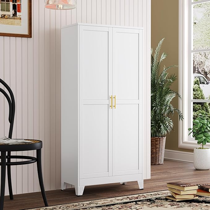 Metal Kitchen Pantry Storage Cabinet with 2 Doors and 3 Adjustable Shelves,Pantry Cabinet with Adjustable Leveling Foot for Kitchen, Living Room, Dining Room（White）-Ruum Studio Home