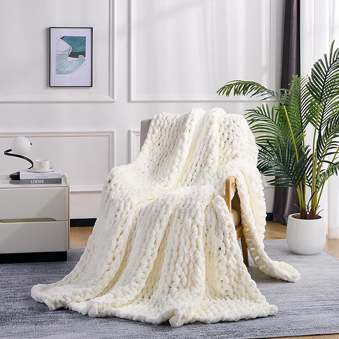 L'AGRATY Chunky Knit Blanket Throw: Soft Chenille Yarn Throw Blanket 60x80 - Handmade Thick Cable Crochet Blanket - Large Chunky Rope Throw Blanket for Couch Sofa Bed Home Decor(Cream White)-Ruum Studio Home