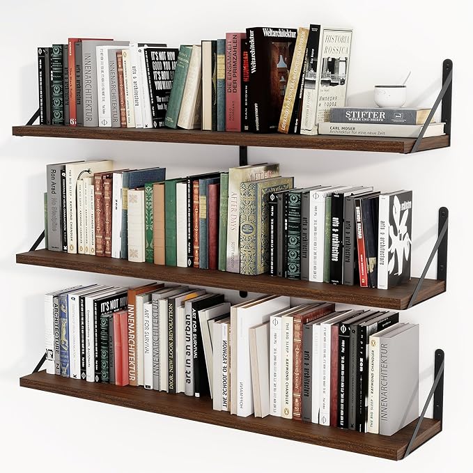 Heimlove 36 Inch Floating Bookshelves Set of 3,Heavy Duty Wall Mounted Bookshelves,Bookshelf for Living Room,Bedroom,Kitchen,Laundry Room Storage & Decor-Walnut Color-Ruum Studio Home