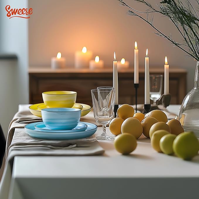 Sweese Plates and Bowls Sets, 18 Piece Dinnerware Set Porcelain Round Dinner Set for 6, Scratch Resistant Dishes Set, Dishwasher Oven Microwave Safe Handpainted Swirl Dishware Sets, Assorted Colors-Ruum Studio Home