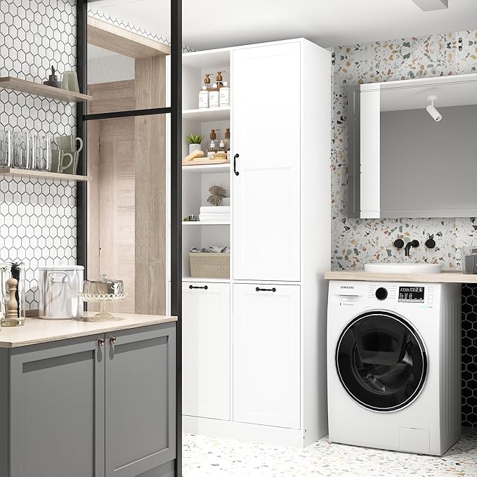 ECACAD Tall Bathroom Storage Cabinet with Shelves and Tilt-Out Laundry Hampers, Freestanding Floor Cabinet for Living Room, Bedroom & Kitchen, White (31.5”W x 13.8”D x 78.7”H)-Ruum Studio Home
