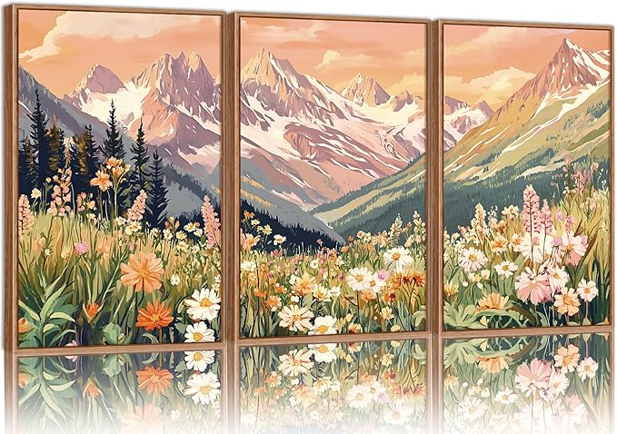 SIGNINART Vintage Floral Framed Canvas Wall Art Set, Large Mountains Nature Landscape Wall Decor, Bohemian Wildflower Forest Artwork, Pink Ridge Art Printing for Living Room Bedroom Office 16"x24"x3-Ruum Studio Home
