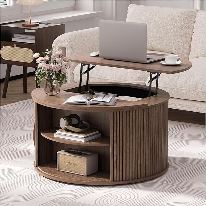 Round Coffee Table with Lifting Top,31.5”Mid Century Modern Lift Top Coffee Table with Hidden Compartment,Fluted Small Center Table for Living Room,Walnut-Ruum Studio Home