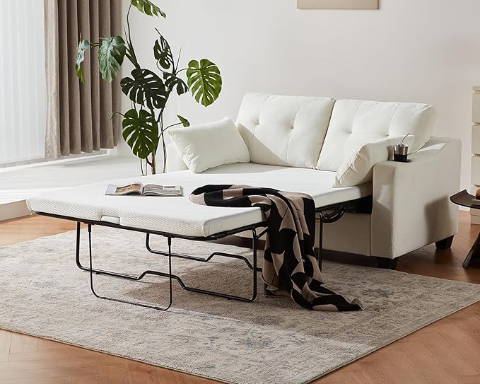 Pull Out Sofa Bed, Full Size Sleeper Sofa, 2-in-1 Convertible Corduroy Couch with USB Charging, Memory Form Couch for Living Room, Apartment and Small Space (Beige, Chenille - Full Size)-Ruum Studio Home