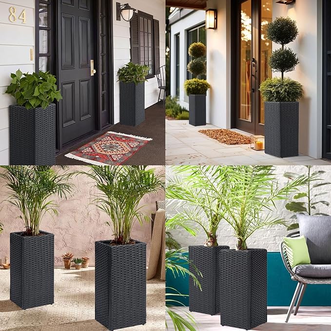 LEWIS&WAYNE Set of 2 Tall Planters for Outdoor Plants Handmade 24'' Wicker Tall Square Planter Box with Removable Liners Modern Planter for Indoor Outdoor Garden Patio Front Porch - Black-Ruum Studio Home