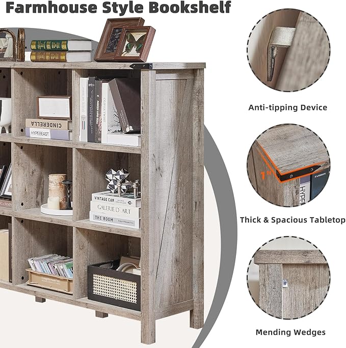 9 Cube Bookcase, Farmhouse 47 Inch Wide Grey Oak Bookshelf, Wooden 3 Tier Display Large Open Book Shelf, Vintage Horizontal Book Case for Home Office, Cubby Storage Cabinet for Living Room-Ruum Studio Home