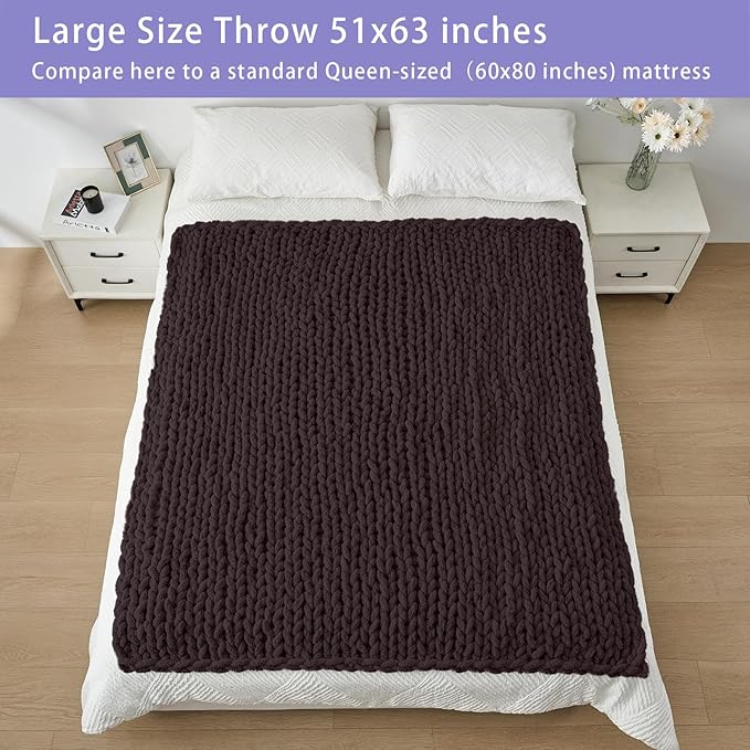Bigacogo Chunky Knit Throw Blanket for Couch, 51x63 inches, 100% Hand Knitted with Thick Jumbo Chenille Yarn, Cozy Soft Large Rope Knot Cable Crochet Blankets for Sofa Bed Living Room, Chocolate-Ruum Studio Home