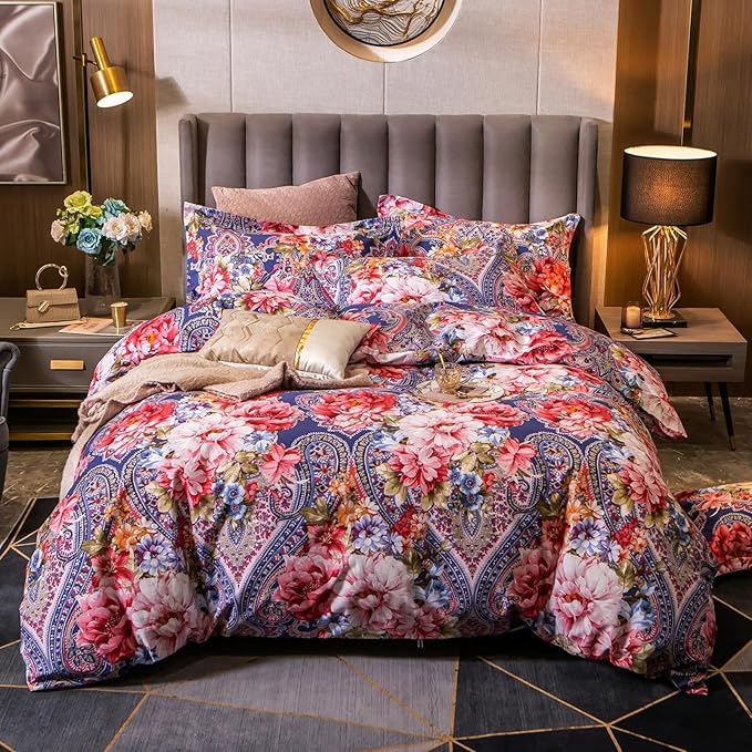 ABREEZE Colorful Floral Duvet Cover Queen 100% Cotton Flower Duvet Cover 3 Piece Set 1 Multi-Colored Damask Paisley Duvet Cover with Zipper Ties 2 Pillowcases Luxury Soft Peony Print Bedding Set-Ruum Studio Home