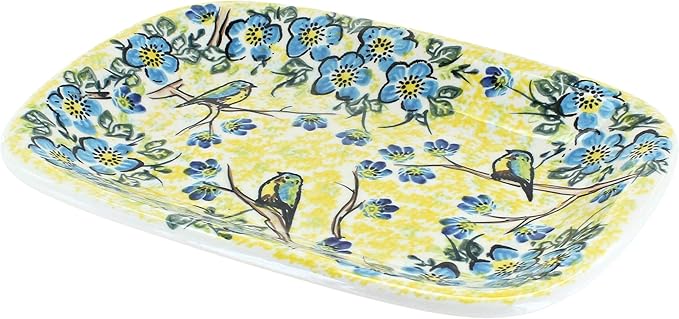 Blue Rose Polish Pottery Bluebird Garden Small Rectangular Serving Platter-Ruum Studio Home