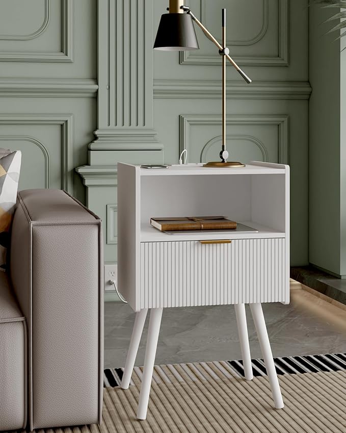 Nightstand,Modern Bedside Table with Storage Drawer and Open Wood Shelf, Accent Night Stand with Solid Wood Legs for Living Room, Bedroom and Small Spaces,Easy Assembly (White-Outlet)-Ruum Studio Home