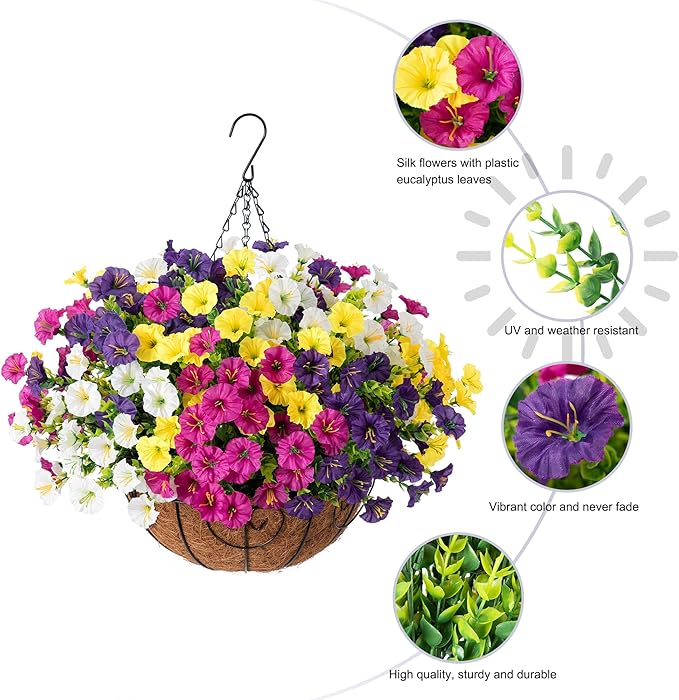 Artificial Faux Hanging Plants Flowers Basket for Spring Summer Outdoors Decoration, Fake Silk Colorful Morning Glory with Eucalyptus Look Real UV Resistant for Outside Porch Patio Balcony Garden Home-Ruum Studio Home