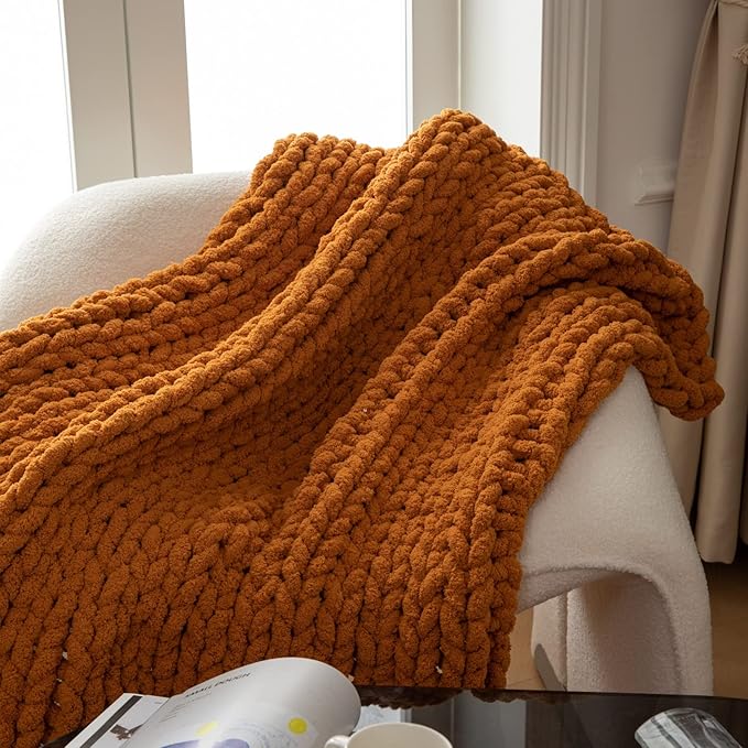 WESHIONGOO Chunky Knit Blanket Throw 40"×40" Knitted Throw Blankets for Couch Bed Fall Throw Blanket Fluffy Soft Blanket with Jumbo Chenille Yarn Thick 100% Handmade (Burnt Orange)-Ruum Studio Home