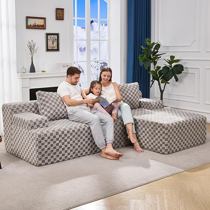 Hobestluk 96“ Modular Sectional Sofa Couches L-Shape Couch 3 Seat Modular Sofa Memory Foam Sectional Couches for Living Room, Cloud Couch with Oversized Chaise (Grey, Checked (Right Facing Chaise))-Ruum Studio Home
