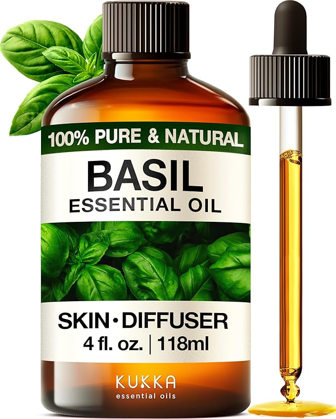 Kukka Basil Essential Oil for Diffusers - 4 Fl Oz - 100% Pure Natural Basil Oil for Skin & Aromatherapy Scent Massage Candles & Soaps Making Scent-Ruum Studio Home
