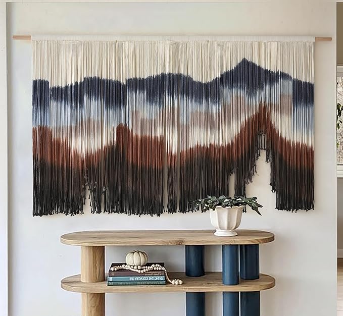 Flber Large Macrame Wall Hanging 57" W x 31" L Handmade Dip Dye Tapestry Bohemian Fiber Art Wall Hanging Mountain Inspired Wall Tapestry Neutral Rustic Wall Decor for Bedroom Living Room-Ruum Studio Home