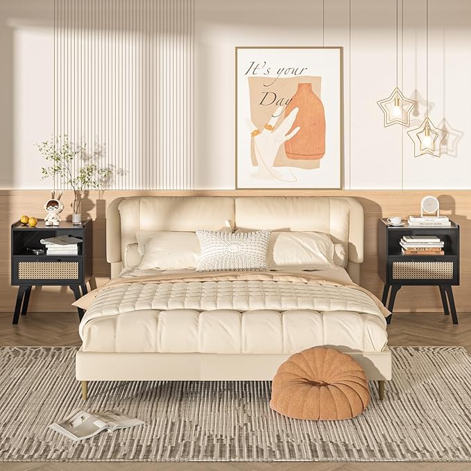 Lerliuo Rattan Nightstand, Bedside Table with Drawer Open Shelf, Cane Accent Side End Table with Solid Wood Legs, Black Mid Century Night Stand for Bedroom, Dorm and Small Spaces-Ruum Studio Home