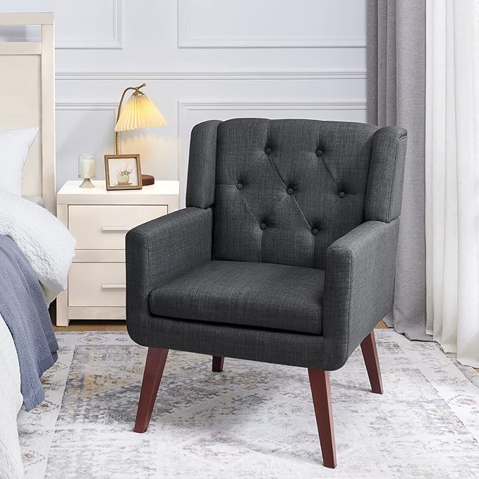 Accent Chair Button-Tufted Upholstered Living Room Chairs Comfy Reading Chair Mid Century Modern Chair with Linen Fabric Lounge Arm Chairs for Living Room Bedroom (Grey Set of 2)-Ruum Studio Home