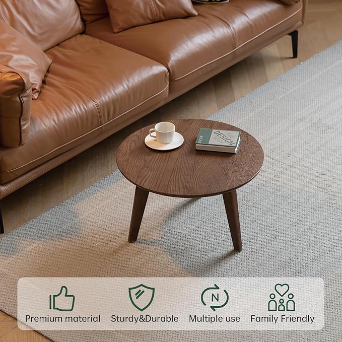100% Solid Oak Wood Mini Coffee Table, Round Living Room Table Side Table w/Solid Wood Legs, Walnut Mid Century Sturdy Tables for Bedroom Balcony Living Room (23.62" D x 13.78" H)-Ruum Studio Home
