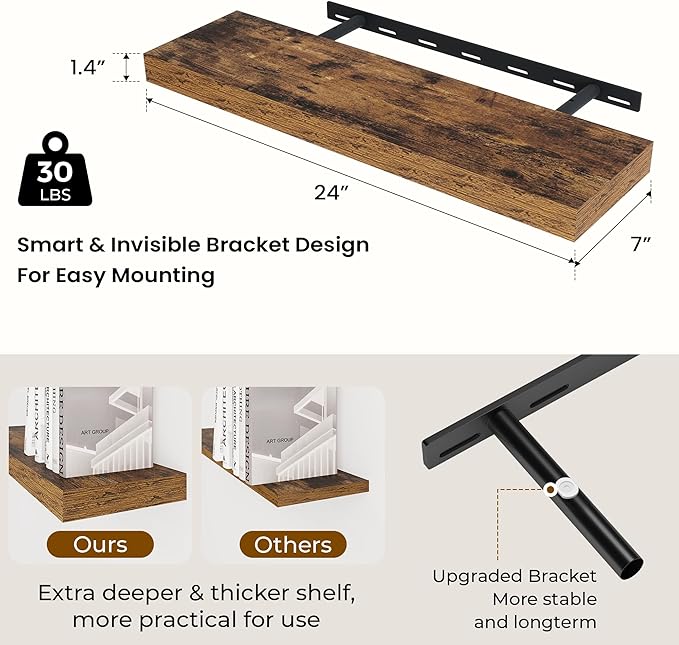 24 inch Floating Shelves Long Floating Shelves for Wall Large Wall Mounted Shelves with Invisible Brackets, Brown Shelves for Bathroom, Living Room, Kitchen, Office, 24x6.7 inch deep Set of 2-Ruum Studio Home
