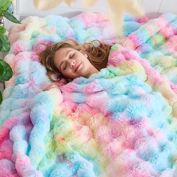 Lotus Karen Faux Fur Throw Blanket Rainbow - Big Bubble Rabbit Fluff Blanket for Couch, Small Fluffy Fuzzy Cozy Blanket, Thick Furry Plush Shaggy Blankets, 50x60 Inches-Ruum Studio Home